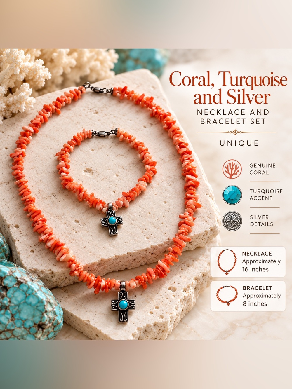 Unique Coral and Turquoise Silver Necklace & Bracelet — Delicate Artisan Design